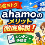 ahamoの料金の安さや通信の快適さ、手続きの簡単さをイラストで表現したイメージ画像